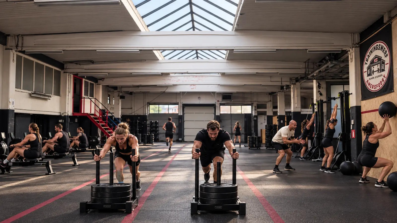 Fitnessracing met sled pushes, roeiers en wall balls in de bestaande hal
